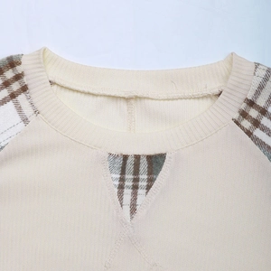 Women's casual beige ribbed sweatshirt featuring plaid patchwork raglan long sleeves