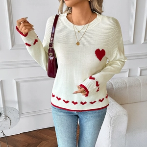 Women Casual Heart Pattern Round Neck Knit Sweater Long Sleeve Jacquard 100% Acrylic Pullover Top Autumn Winter Fashion