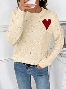 Beige crew neck knit sweater for women with heart embroidery and hollow texture