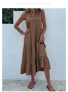 Detail of V-neck summer maxi dress featuring decorative buttons and layered tier skirt