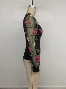 Close-up of black mesh sleeves featuring detailed colorful floral embroidery and textures