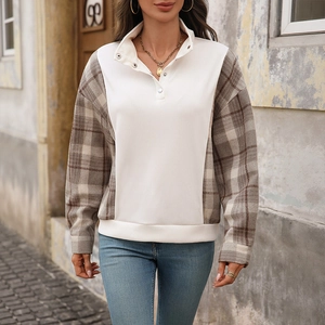 Dames Retro Ruitjes Patchwork Sweatshirt Lange Mouw Half Open Hals Kleurblok Ribgebreide Pullover Casual Losse Mode Top