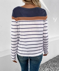 Detail view of women's long sleeve navy and camel striped t-shirt back stitching