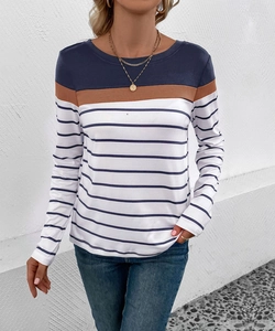 Detail of crew neck striped t-shirt with navy contrast color block and soft knit texture