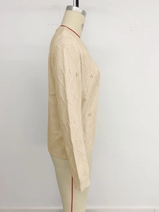 Close-up of heart jacquard knit pattern and hollow-out detailing on beige sweater