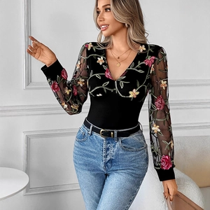 Women's Casual Slim Fit V-Neck Long Sleeve T-Shirt Mesh Patchwork Floral Embroidery Lace Black Elegant Autumn Top For Daily Wear