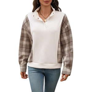 Dames sweatshirt met geruite splicing, halve knoopsluiting en losse kleurblok-stijl