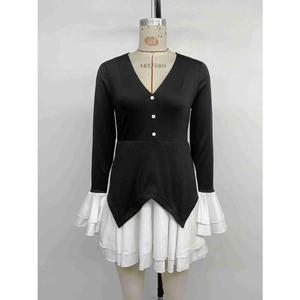Women Elegant V Neck Long Sleeve Patchwork Mini Dress Contrast Ruffle Hem Button Trim Slim Fit Pleated Short Dress