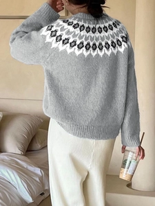 Rear view of grey Nordic style pullover sweater with ethnic knit pattern on neckline