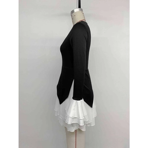 Elegant long sleeve V-neck patchwork dress with a white tiered pleated hem design