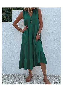 Detail of green V-neck sleeveless dress featuring wooden buttons and tiered ruffle hemline