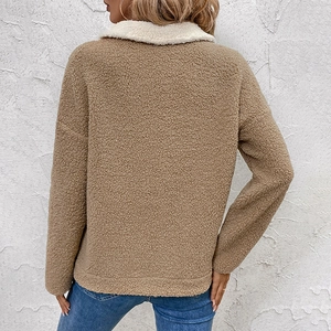 Women's brown sherpa fleece pullover with white stand collar and warm plush texture