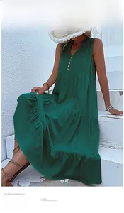 Detailed view of tiered summer maxi dress with V-neckline and wood button accents