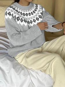 Close-up of Fair Isle geometric pattern on gray knitted sweater neck for autumn winter