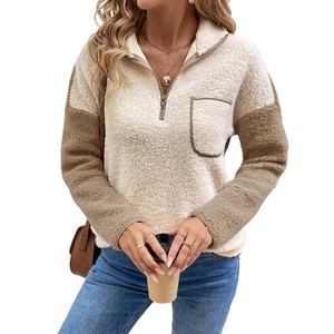 Women's sherpa fleece sweatshirt with half-zipper and contrast color block design