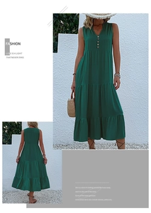 Detail of dark green tiered summer maxi dress with V-neckline and wooden button accents