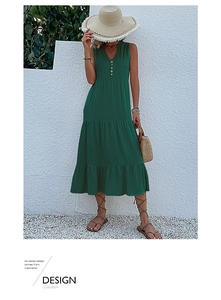 Detail of V-neckline and decorative buttons on a dark green tiered sleeveless maxi dress
