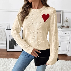 Women's Casual Heart Jacquard Long Sleeve Sweater Loose Hollow Out Round Neck Knitting Top Autumn Sweet Pullover
