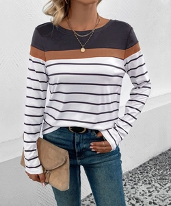 Detail shot of crewneck long sleeve tee with color-block stripes and premium fabric texture