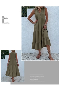 Detail view of olive green tiered maxi dress featuring a V-neck and decorative buttons