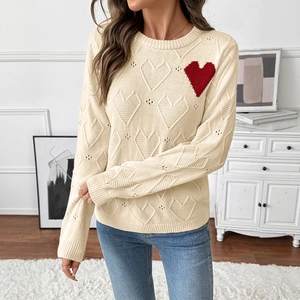 Women's cream knit heart pattern sweater with red embroidery and hollow knit details