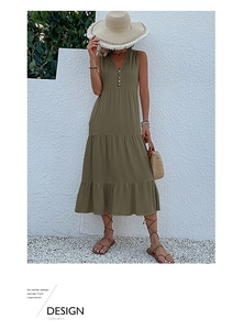 Detail of olive green tiered maxi dress with V-neck and decorative button closure