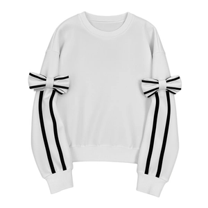 White long sleeve sweatshirt with black stripes and oversized bows on sleeves
