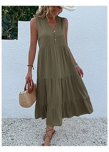 Detail view of military green V-neck sleeveless tiered maxi dress with button decoration
