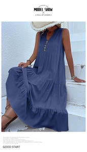 Detail of V-neck tiered maxi dress in navy blue with wooden buttons and textured fabric