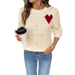 Chic cream hollow-out knit sweater with red heart pattern and ribbed cuffs for women
