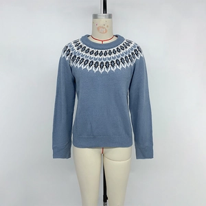 Women's Casual Fair Isle Round Neck Knit Sweater Vintage Geometric Pattern Long Sleeve Soft Acrylic Pullover Top For Autumn Winter