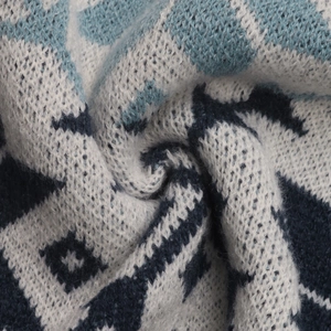 Detail of navy and blue geometric knit pattern with premium soft wool texture