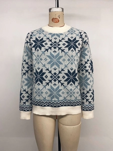 Detail of Fair Isle knit pattern with blue and white snowflakes and ribbed cuffs