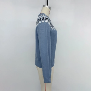 Ethnic style light blue long sleeve knit sweater with Fair Isle pattern for women