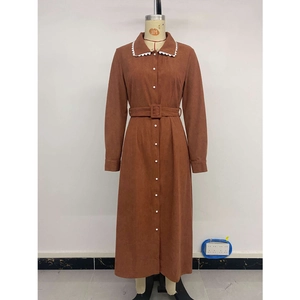 Elegant Women Corduroy Long Sleeve Midi Shirt Dress With Lace Collar Belt Solid Color Single Breasted Button Slit Dress
