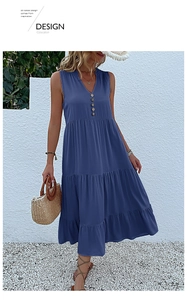 Detail of navy blue V-neck sleeveless maxi dress with button accents and tiered skirt hem
