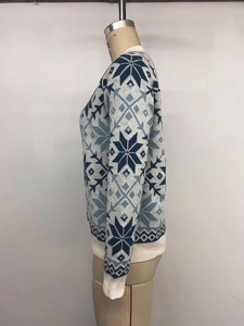 Detailed close-up of Christmas snowflake pattern and rib-knit cuffs on a white sweater