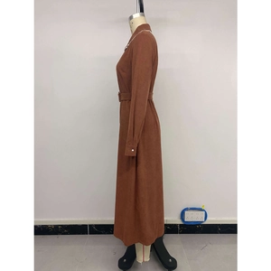 Long-sleeved caramel corduroy shirt dress with lace collar and matching waist belt