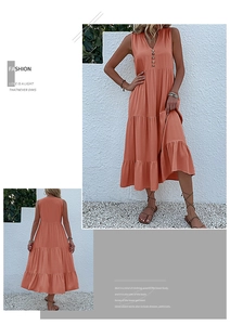 Detail of coral orange tiered maxi dress with V-neckline and button-front design