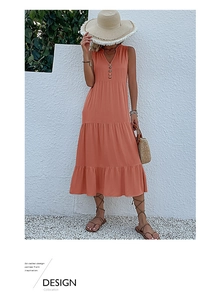 Detail of summer V-neck sleeveless maxi dress with tiered skirt and button accents