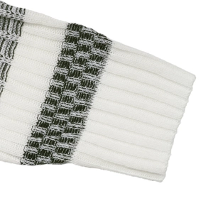 Close-up of black and white striped knit texture with ribbed edges and thick yarn detail