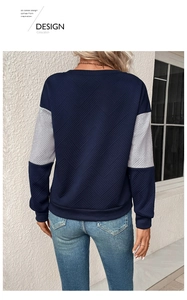 Detail showing back view of color-block sweatshirt with geometric textured fabric