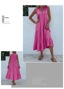 Front and back view of hot pink sleeveless V-neck tiered maxi dress with button detail