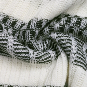 Close-up of waffle knit texture with cream and dark green striped fabric detail