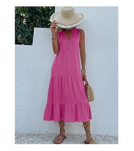 Detail of fuchsia V-neck sleeveless tiered maxi dress with decorative buttons