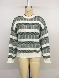 Detail of white and dark green striped knit sweater with textured round neck design