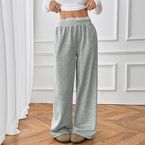 High-waisted wide-leg leisure pants in light grey with delicate white lace trim waistband