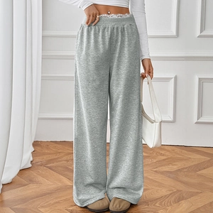 Women's light grey wide-leg trousers with elastic high waist and white lace trim detail