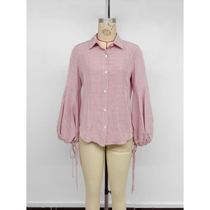 Women's Lantern Sleeve Striped Shirt Lapel Single Breasted Blouse With Cuff Tie Elegant Red White Long Sleeve Top