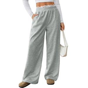 Women's high waist loose grey wide leg pants with elegant white lace stitching details